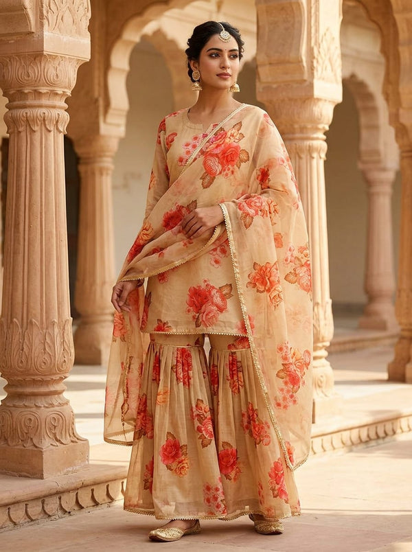 Cream Vintage Rose Floral Chanderi Digital Printed Fabric - Gharara Set Lookbook - CH-0-TA07548-108 - alternate view