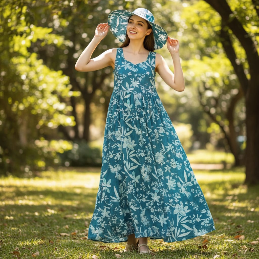 Teal Blue Floral & Bird Print Muslin Fabric for Dresses