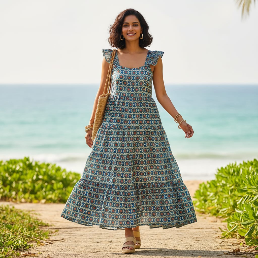 Blue Geometric Floral Medallion Print Chanderi Fabric