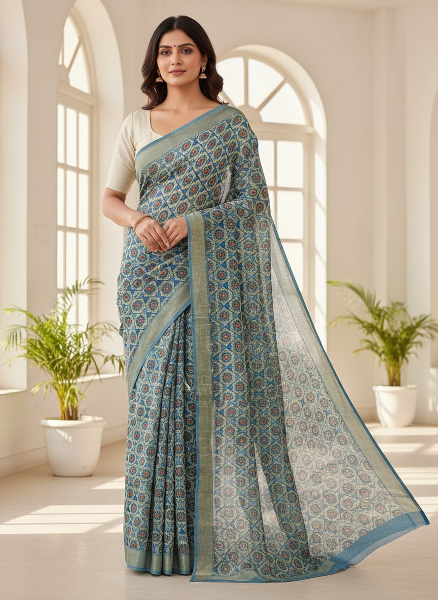 Blue Geometric Floral Medallion Print Chanderi Fabric