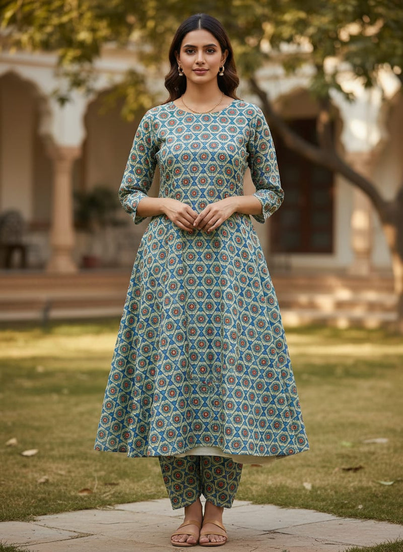 Blue Geometric Floral Medallion Print Chanderi Fabric