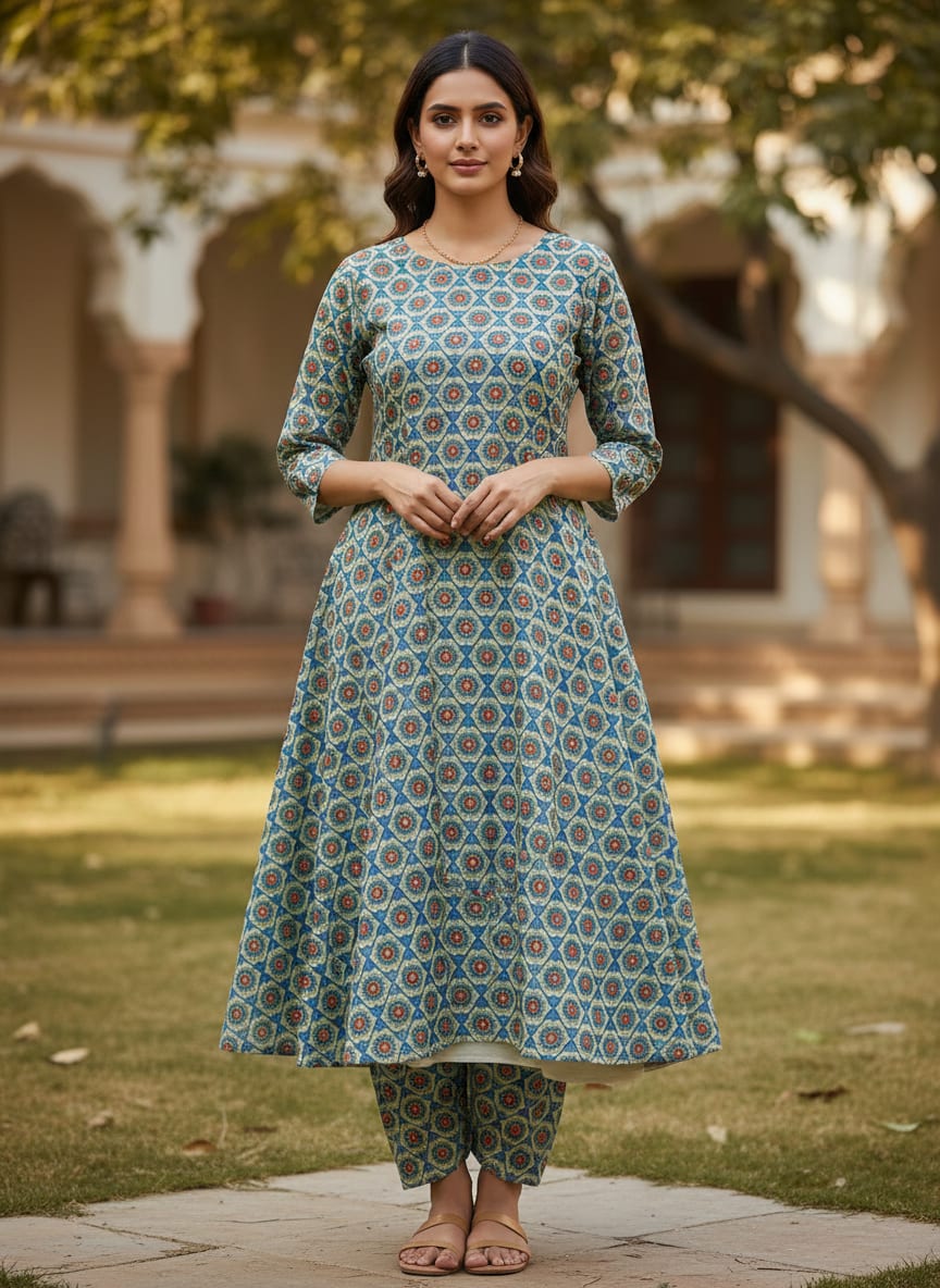 Blue Geometric Floral Medallion Print Chanderi Fabric