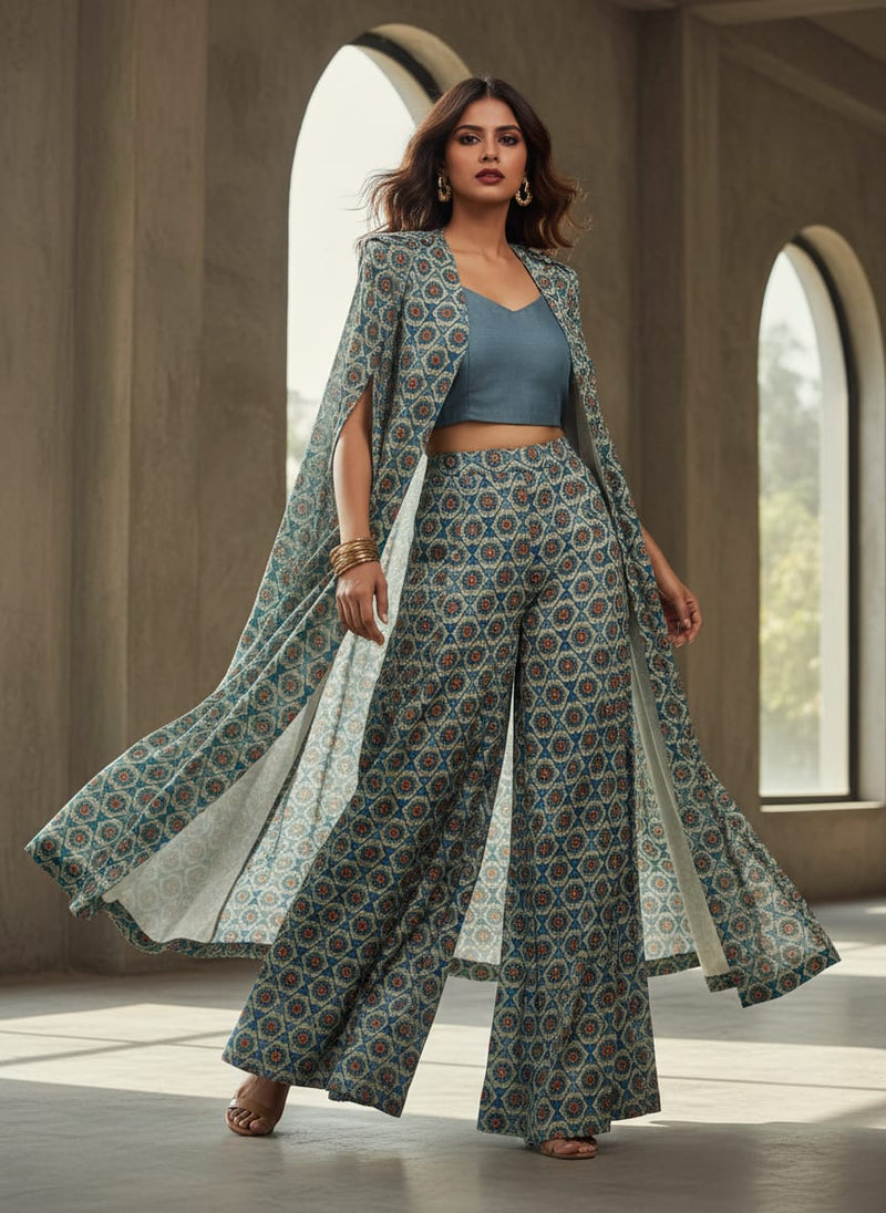 Blue Geometric Floral Medallion Print Chanderi Fabric
