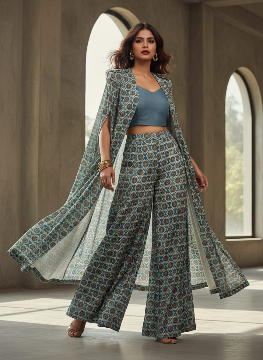 Blue Geometric Floral Medallion Print Chanderi Fabric