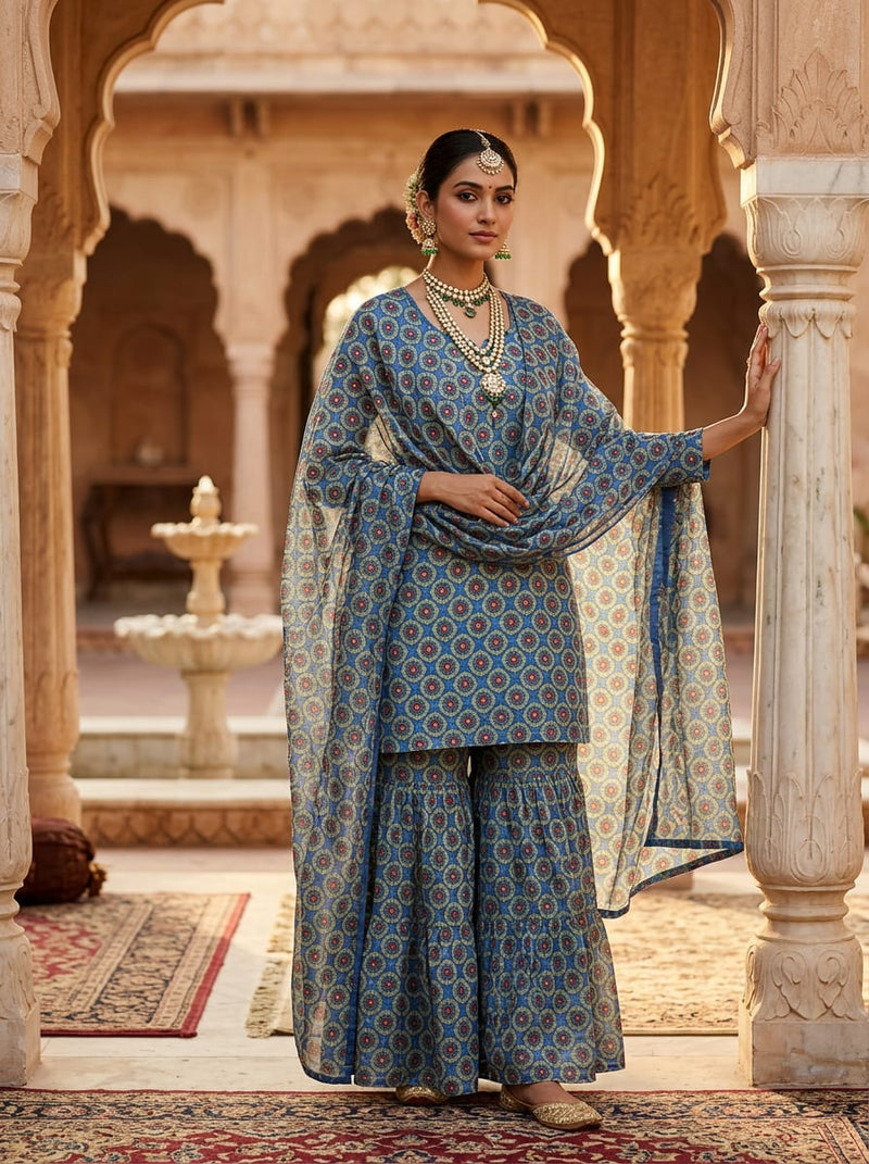 Blue Ethnic Geometric Floral Jaal Chanderi Digital Printed Fabric