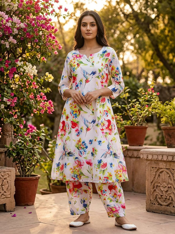 Multicolor Watercolor Hummingbird and Floral Muslin Digital Printed Fabric - A-Line Kurta with Salwar Lookbook - MU-0-TA0324-114 - alternate view