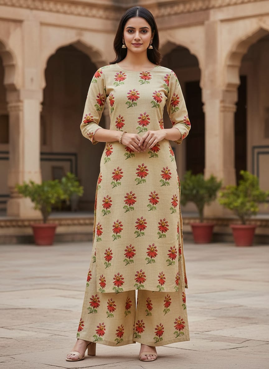 Beige Muslin Fabric with Red and Green Floral Motifs