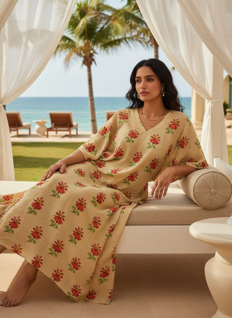 Beige Muslin Fabric with Red and Green Floral Motifs