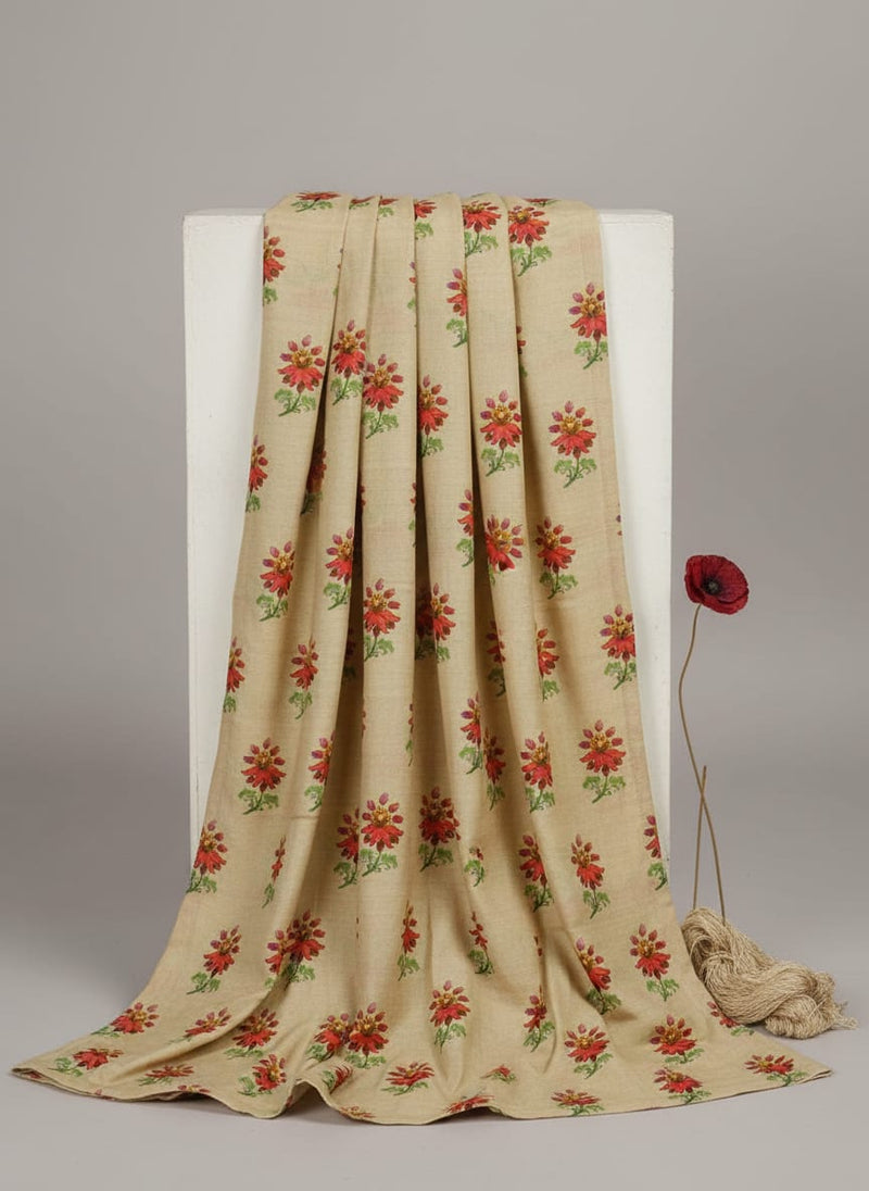 Beige Muslin Fabric with Red and Green Floral Motifs