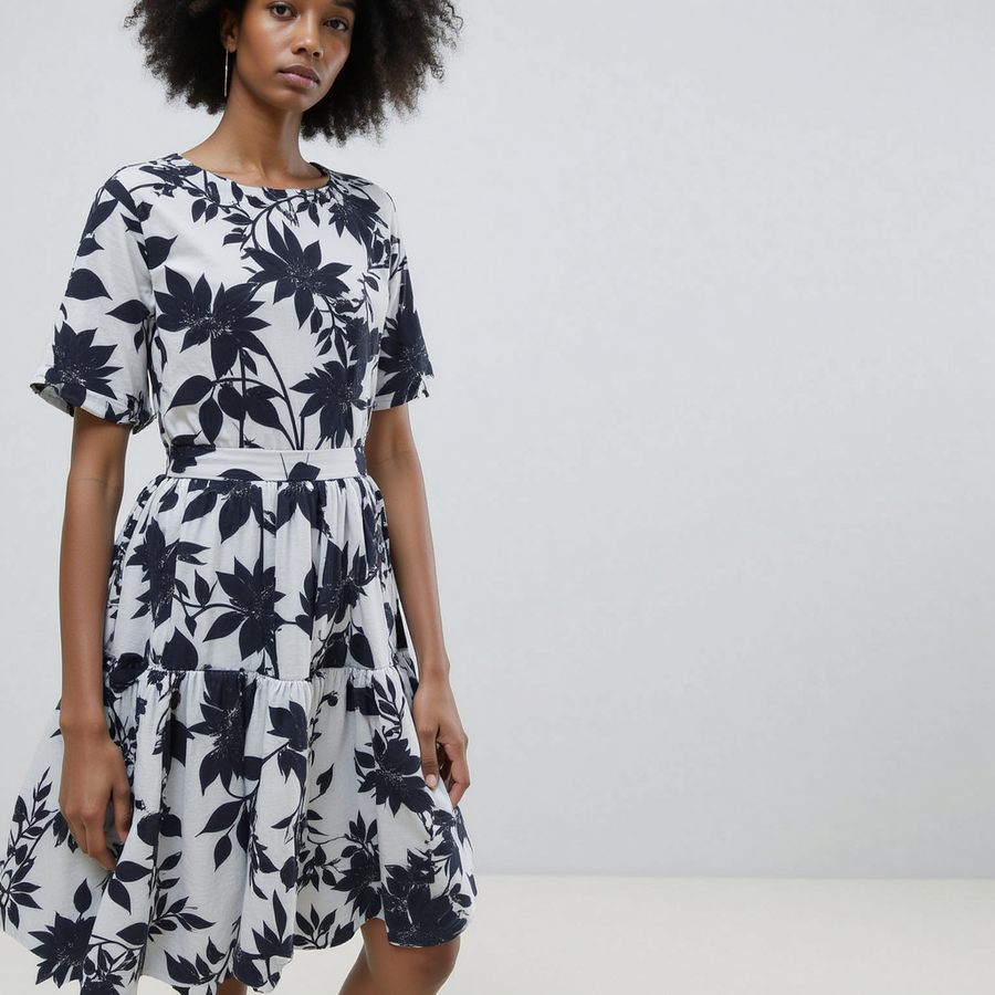 Black Floral Flower Digital Printed Fabric - Pure Cotton