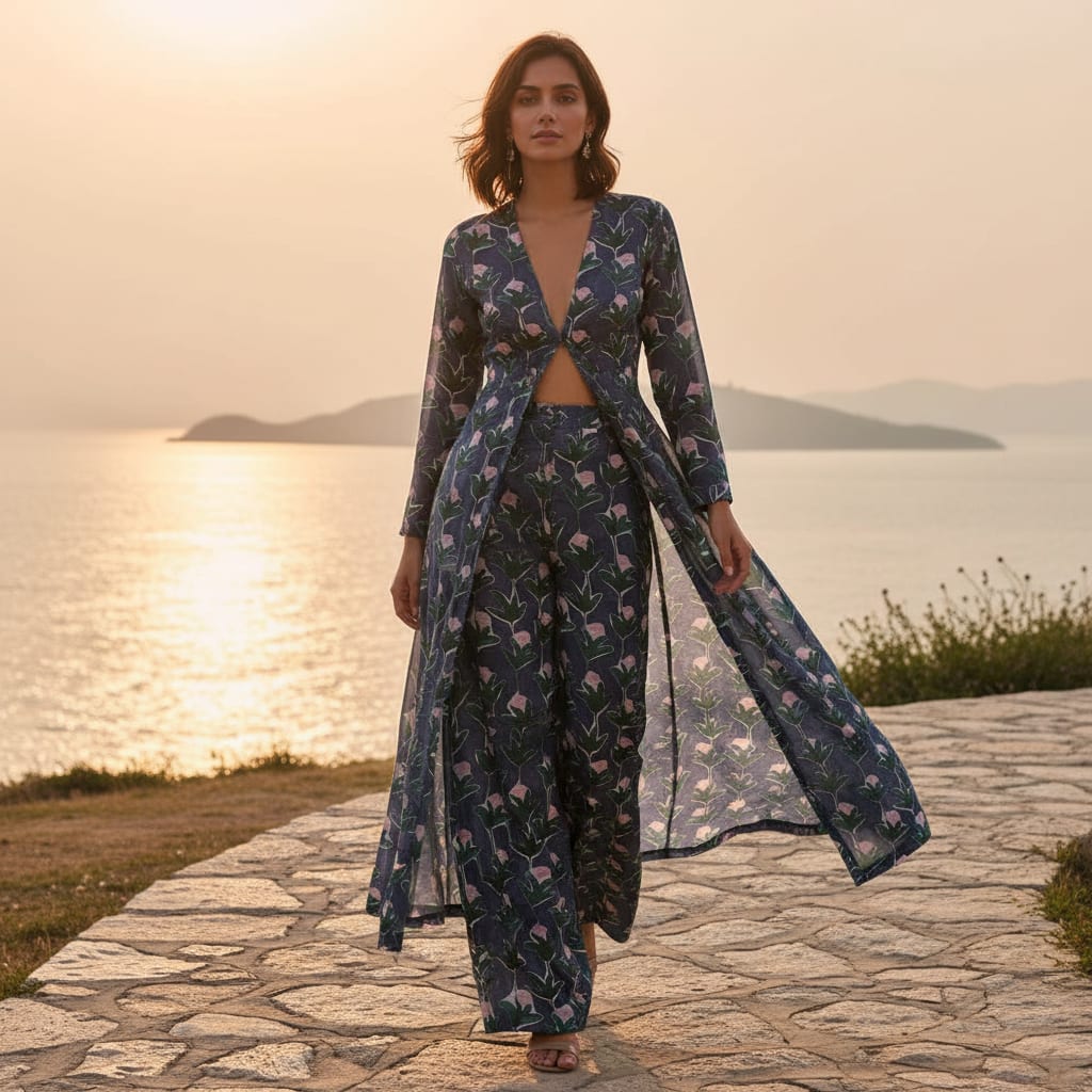 Navy Blue & Green Stylised Floral Chanderi Fabric