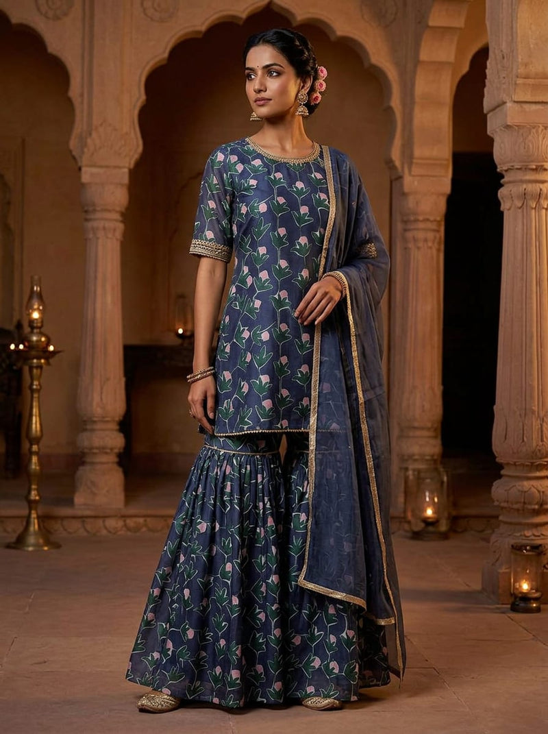 Navy Stylized Floral Vine Chanderi Digital Printed Fabric