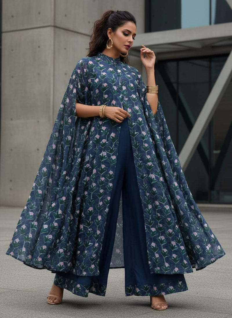 Navy Blue & Green Stylised Floral Chanderi Fabric