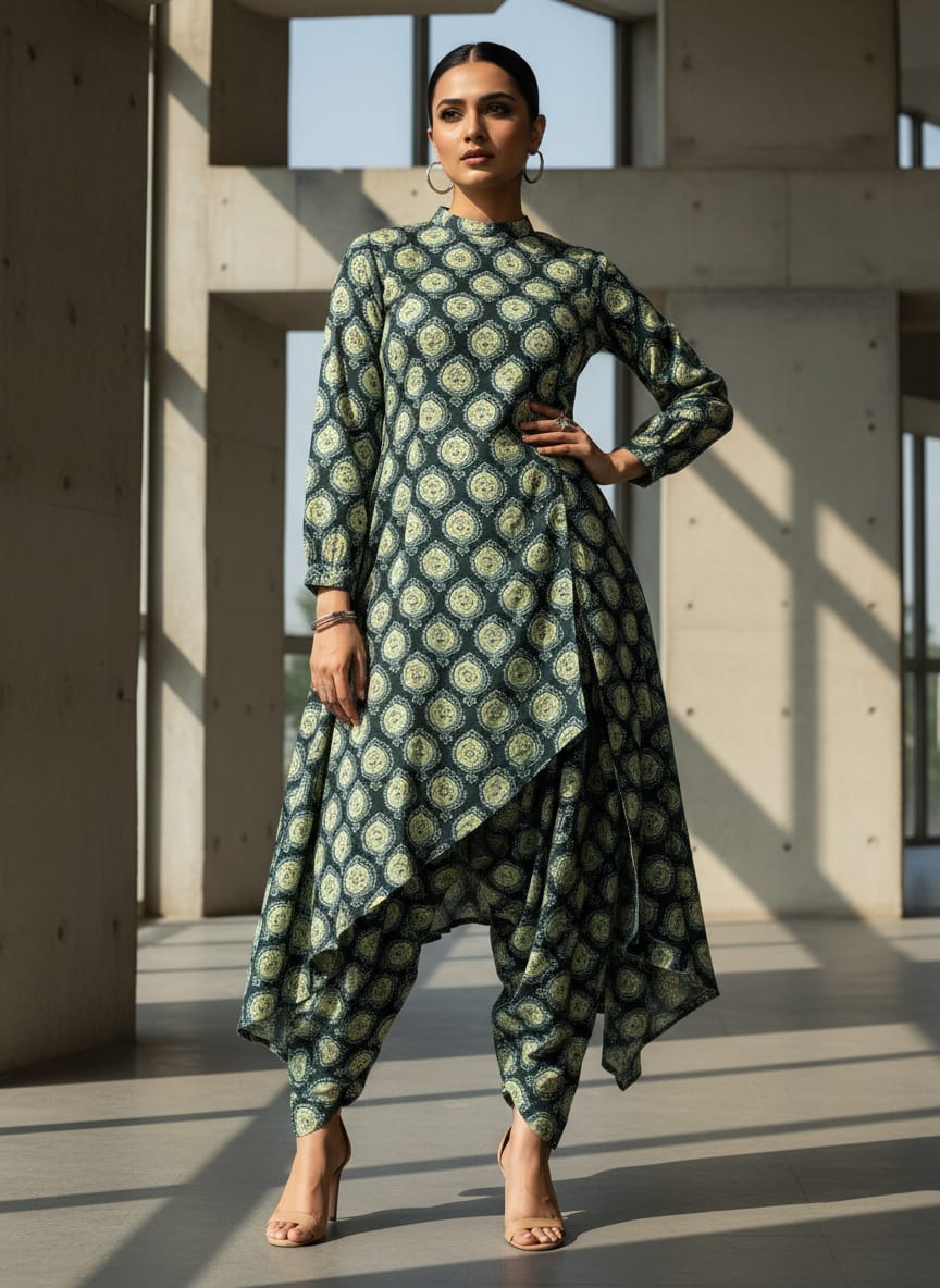 Navy Blue & Cream Ethnic Motif Block Print Style Rayon Fabric