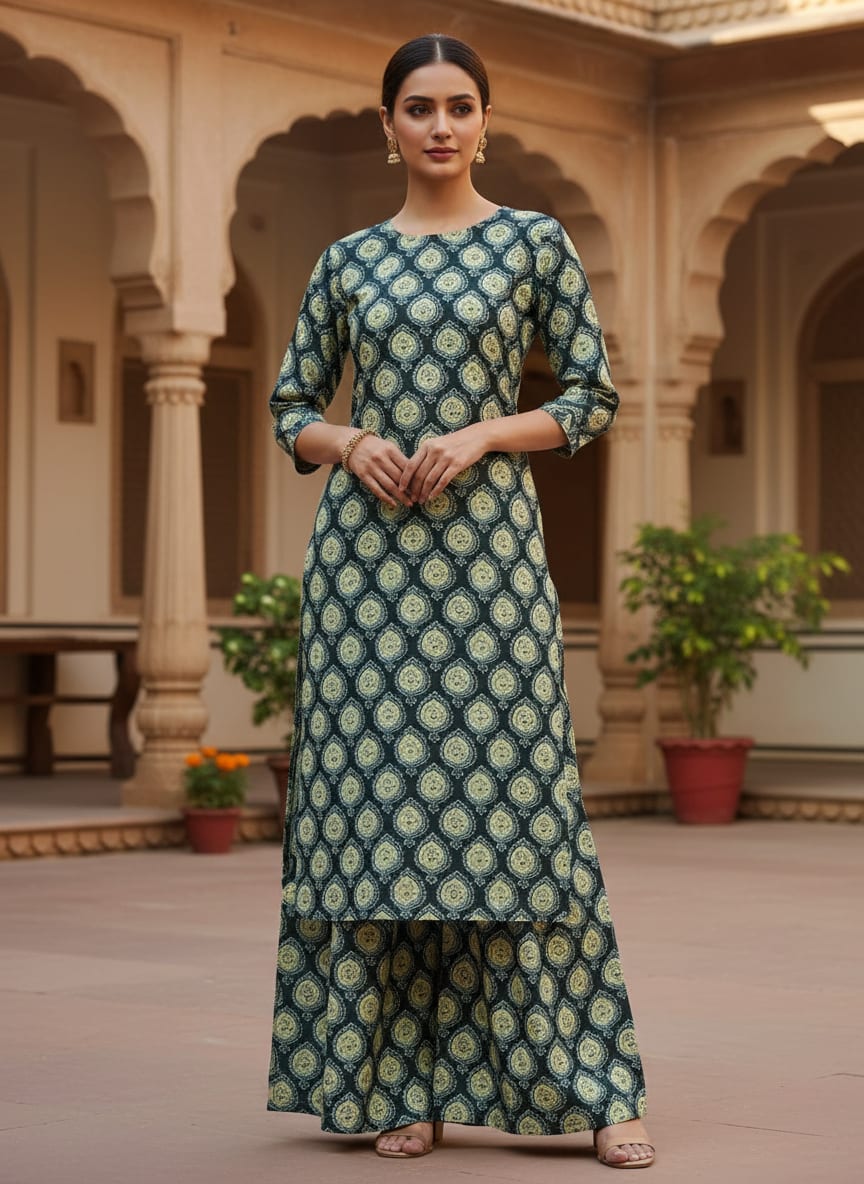 Navy Blue & Cream Ethnic Motif Block Print Style Rayon Fabric