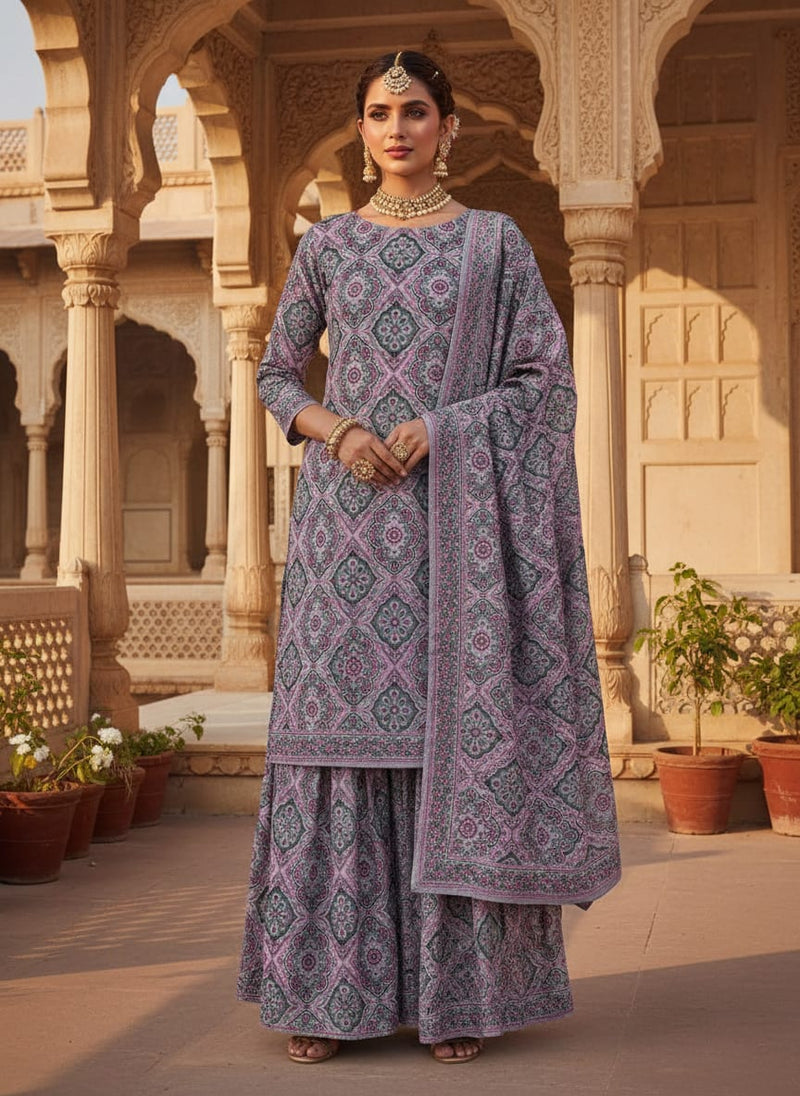 Pink & Grey Damask Decorative Pattern Chanderi Fabric