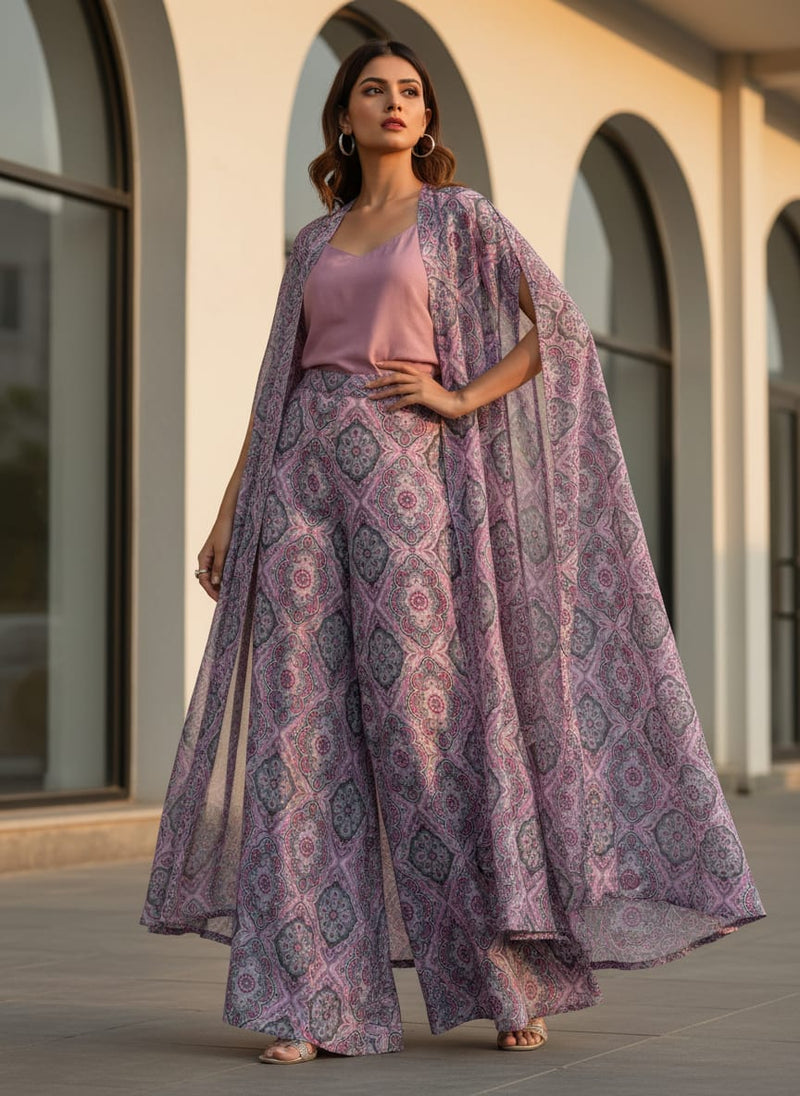 Pink & Grey Damask Decorative Pattern Chanderi Fabric