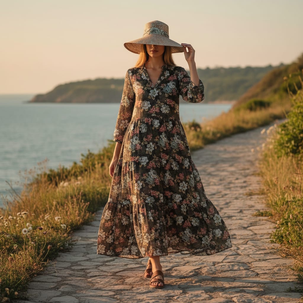 Elegant Dark Floral Garden Print on Soft Muslin Fabric