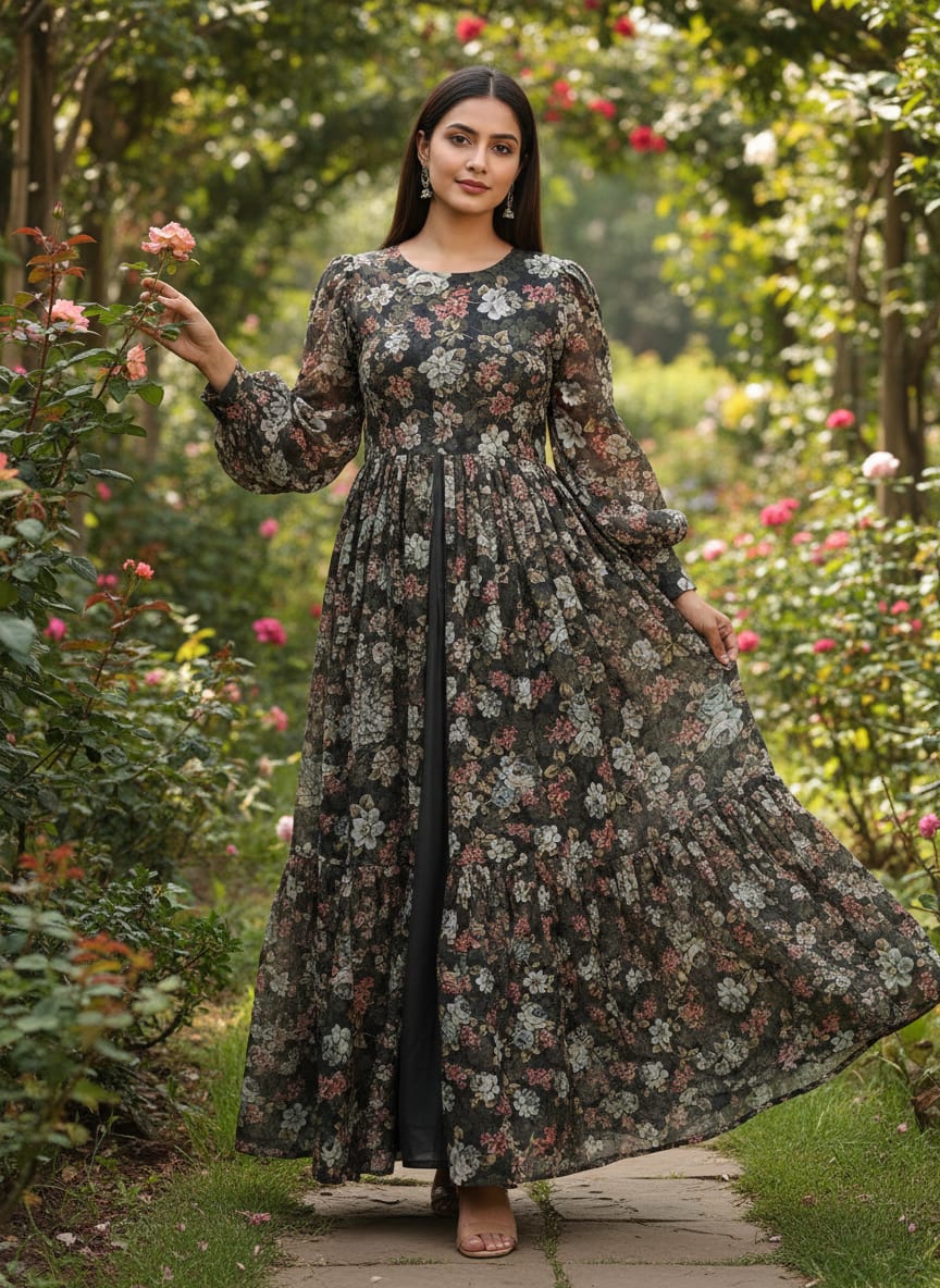 Elegant Dark Floral Garden Print on Soft Muslin Fabric