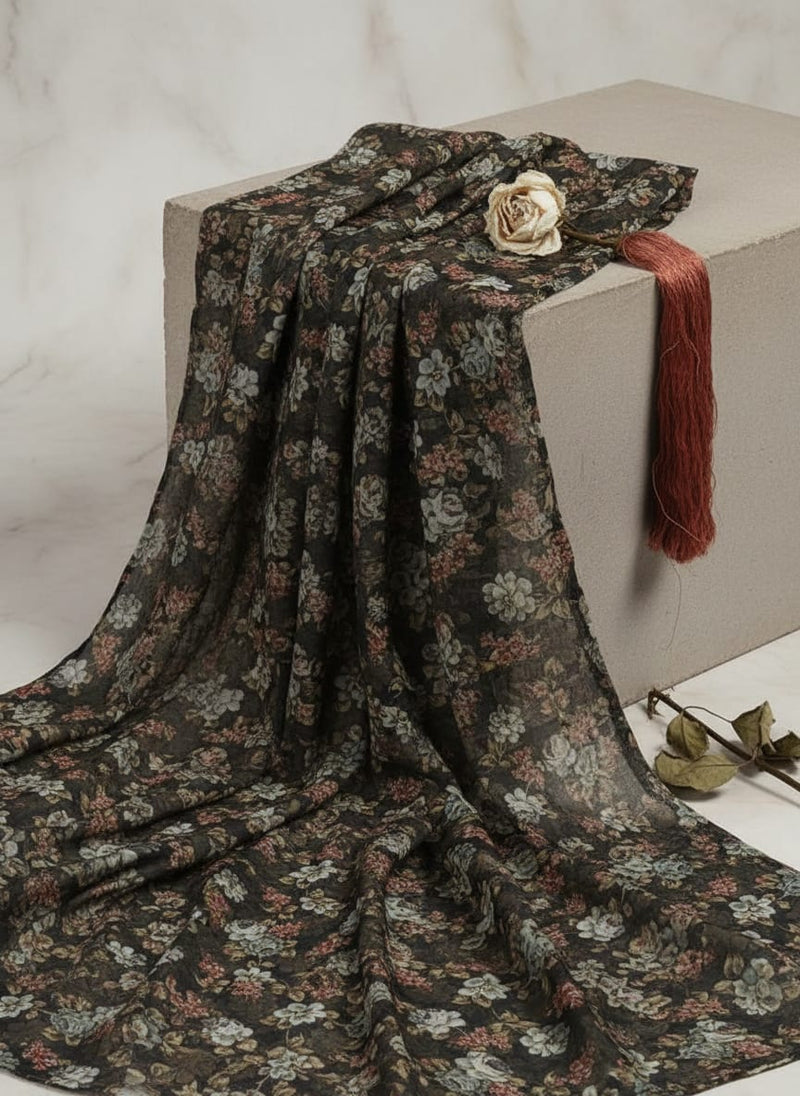 Elegant Dark Floral Garden Print on Soft Muslin Fabric