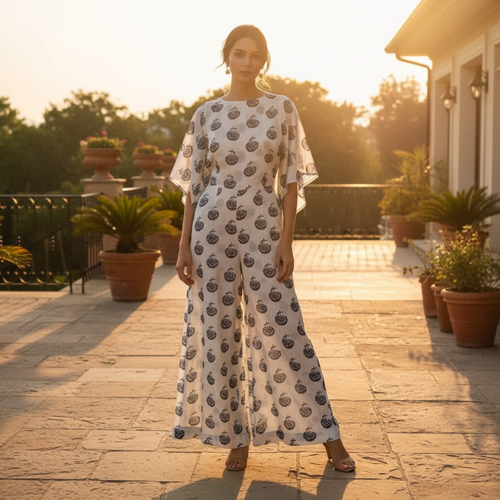 Royal Blue Floral Block Print on White Chanderi Fabric