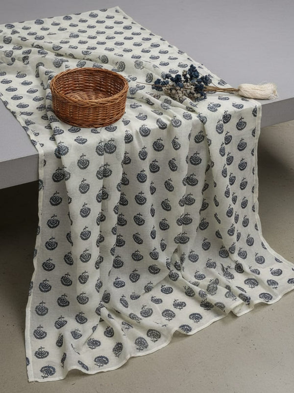 Royal Blue Floral Block Print on White Chanderi Fabric