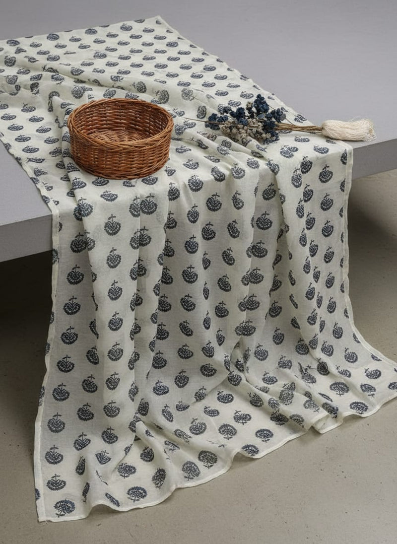 Royal Blue Floral Block Print on White Chanderi Fabric