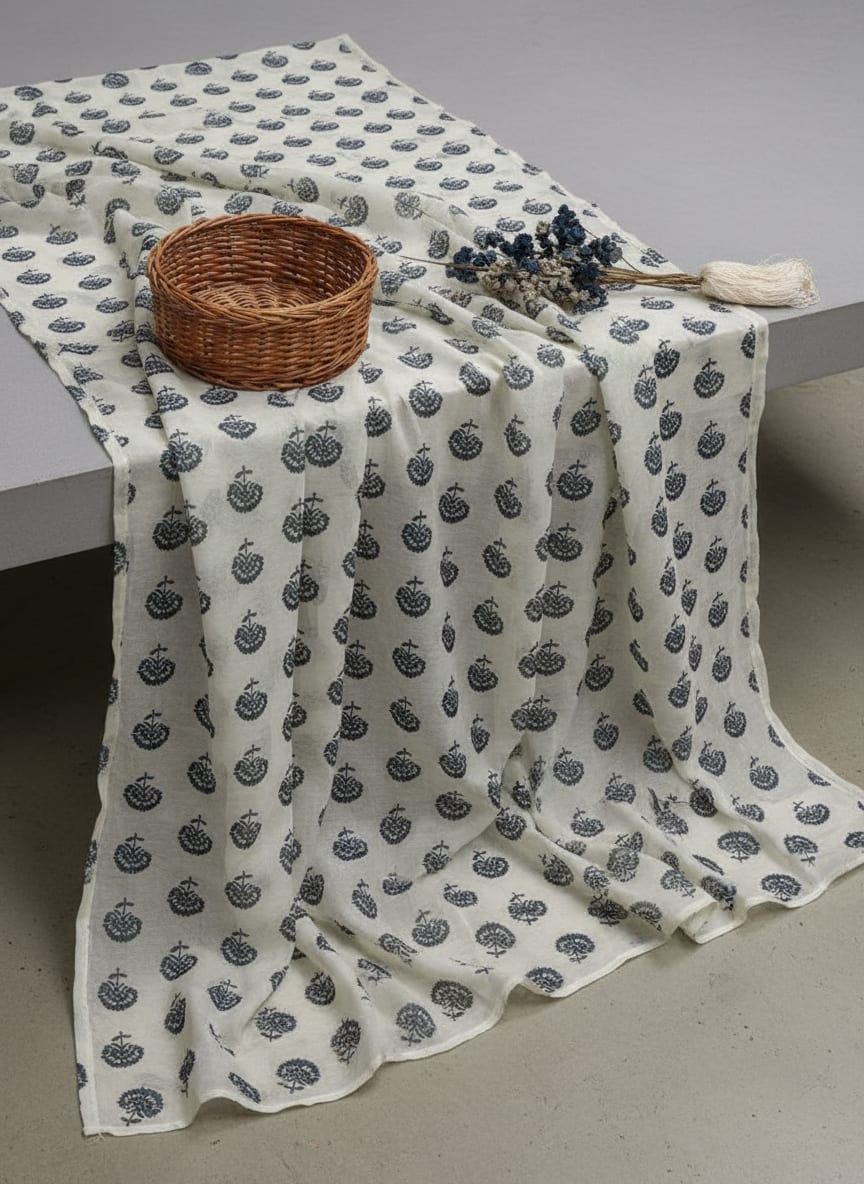 Royal Blue Floral Block Print on White Chanderi Fabric
