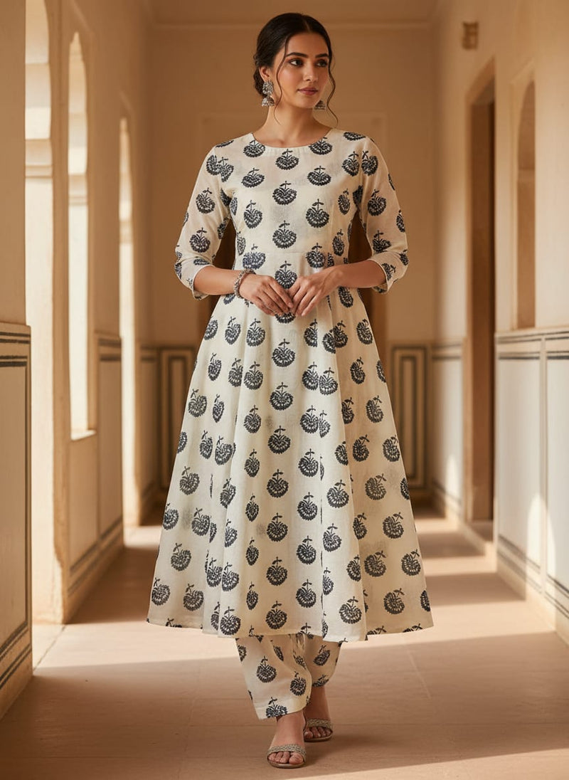 Royal Blue Floral Block Print on White Chanderi Fabric