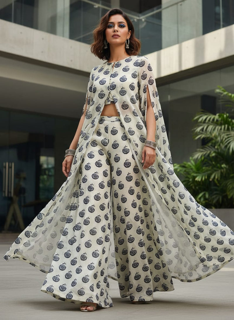 Royal Blue Floral Block Print on White Chanderi Fabric