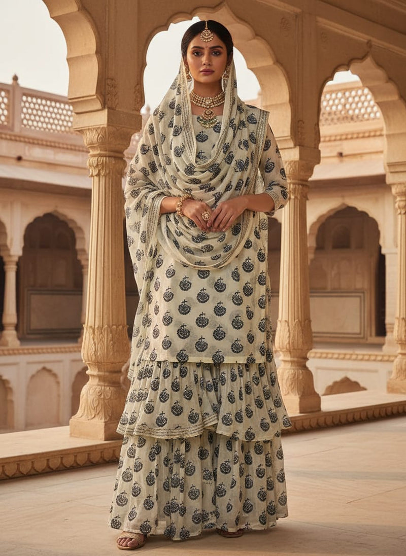 Royal Blue Floral Block Print on White Chanderi Fabric