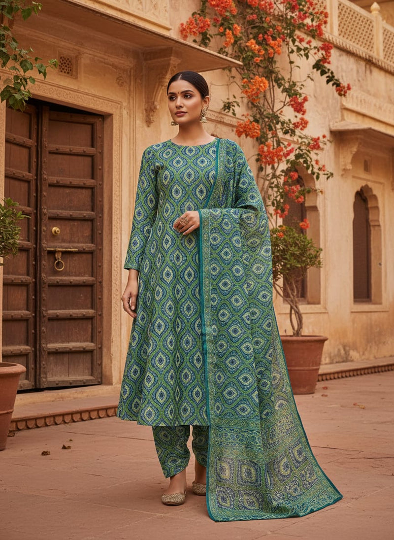 Vibrant Green and Blue Damask Motif Chanderi Fabric