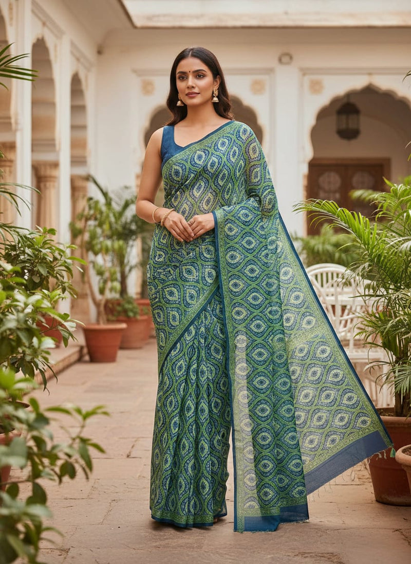 Vibrant Green and Blue Damask Motif Chanderi Fabric