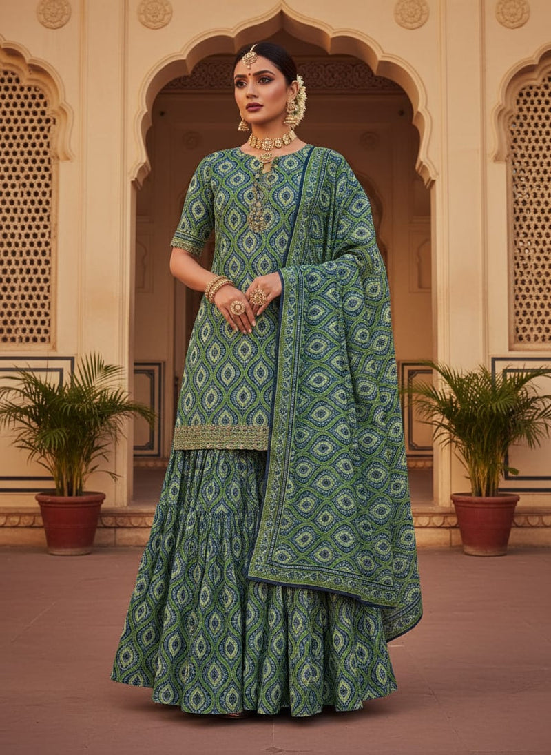 Vibrant Green and Blue Damask Motif Chanderi Fabric