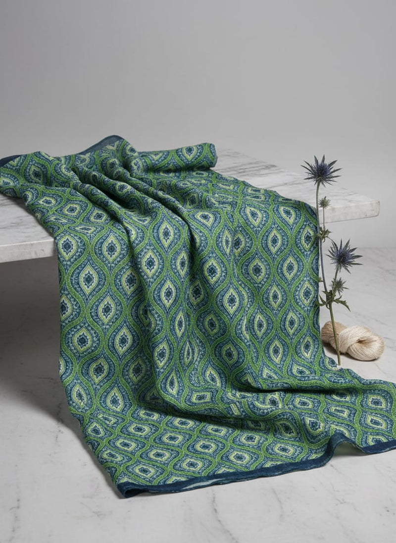 Vibrant Green and Blue Damask Motif Chanderi Fabric