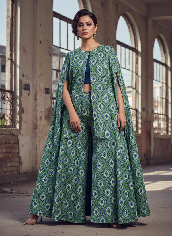 Vibrant Green and Blue Damask Motif Chanderi Fabric - Cape with Palazzo Lookbook - CH-0-TA05886-108 - alternate view