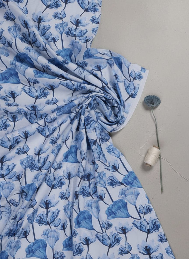 Blue Tulip Floral Print Soft Rayon Fabric for Dresses