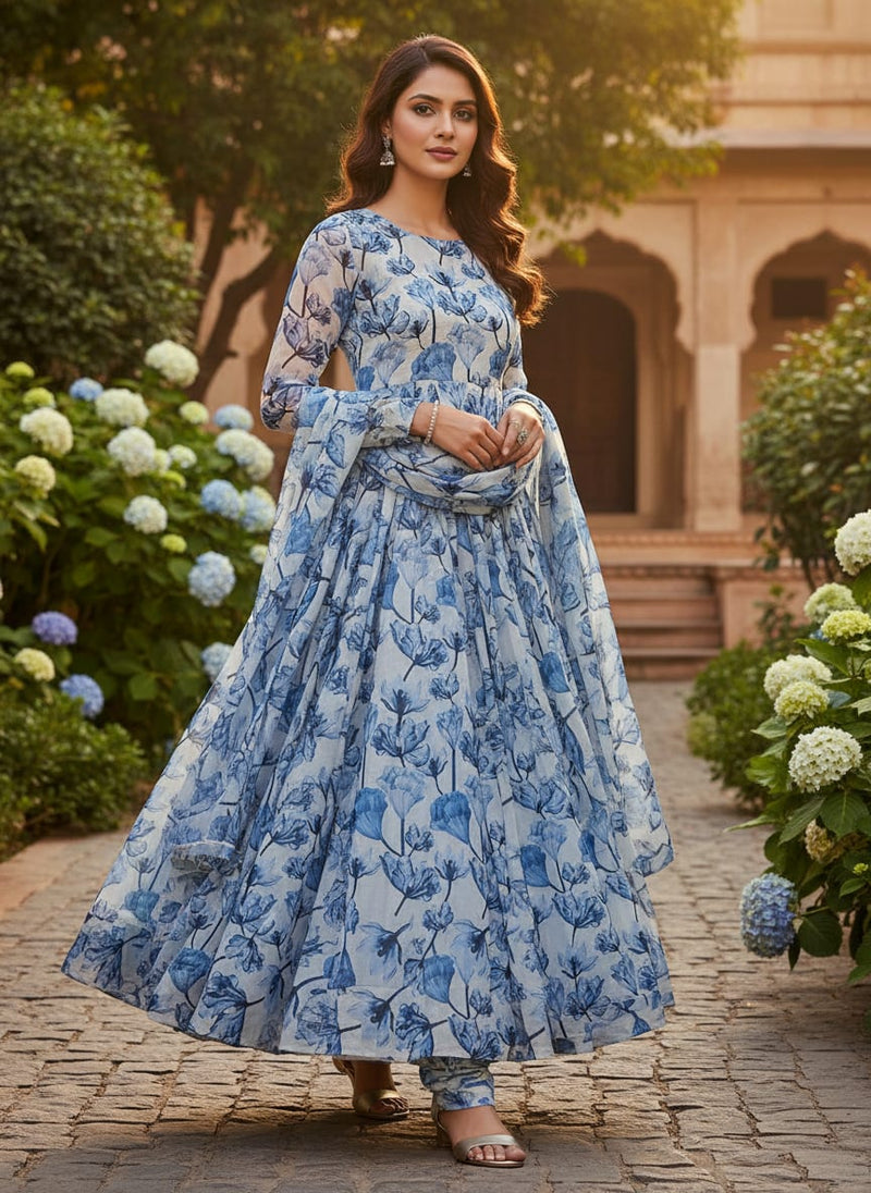 Blue Tulip Floral Print Soft Rayon Fabric for Dresses