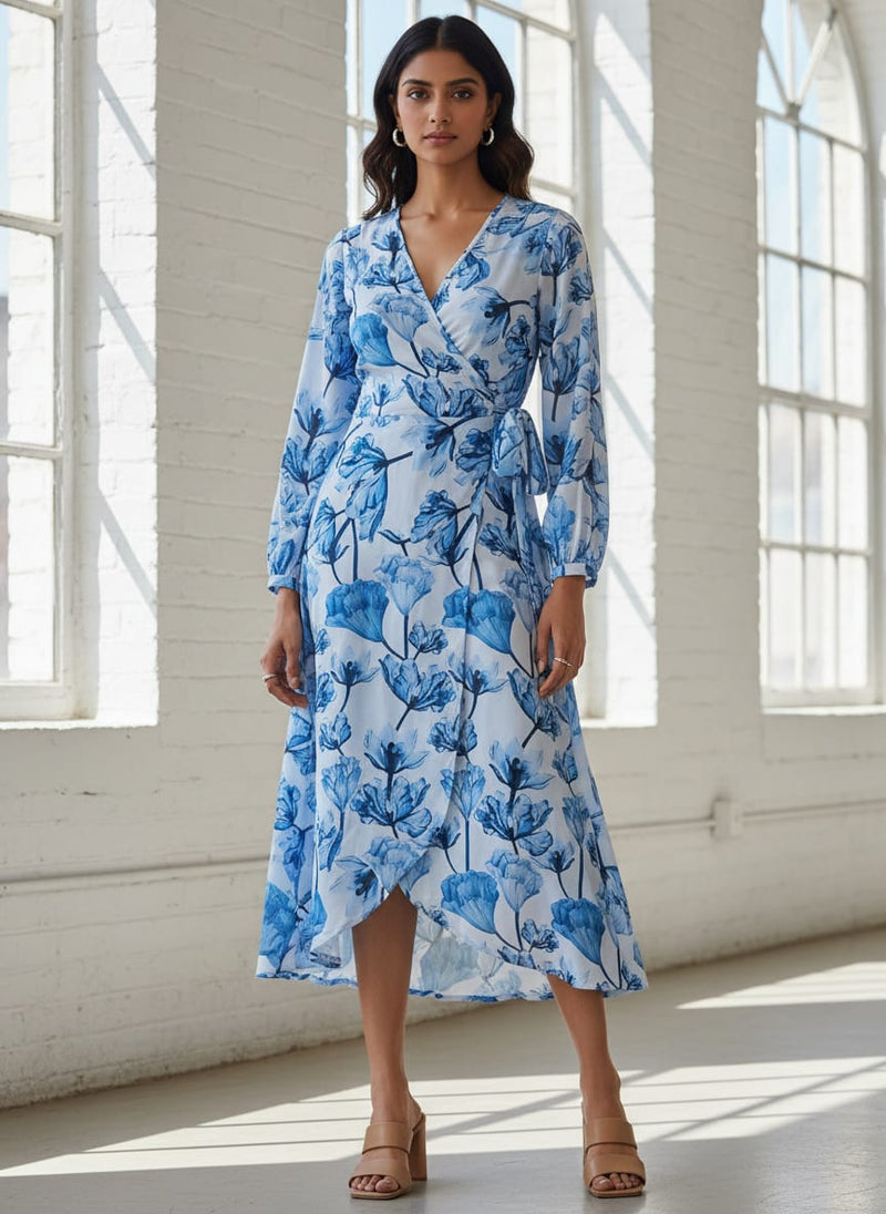 Blue Tulip Floral Print Soft Rayon Fabric for Dresses