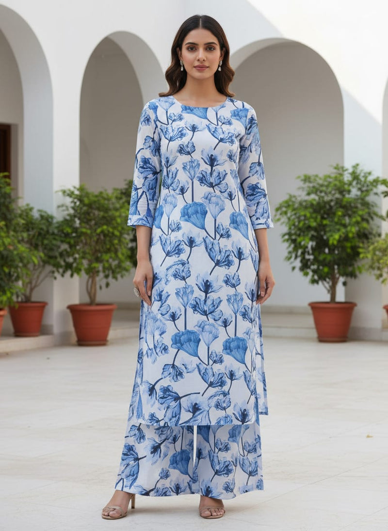 Blue Tulip Floral Print Soft Rayon Fabric for Dresses