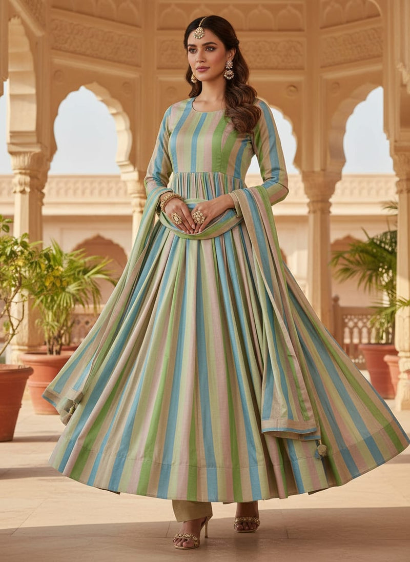 Classic Blue and Green Striped Tusser Silk Fabric for Kurtis