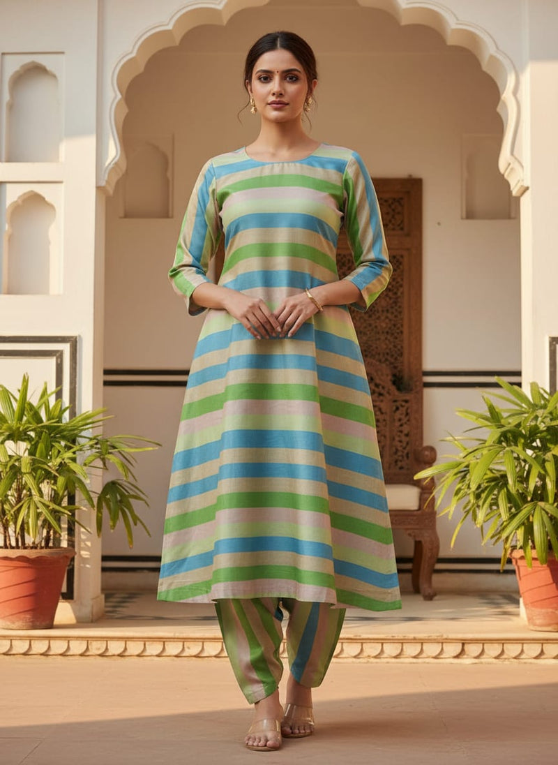 Classic Blue and Green Striped Tusser Silk Fabric for Kurtis