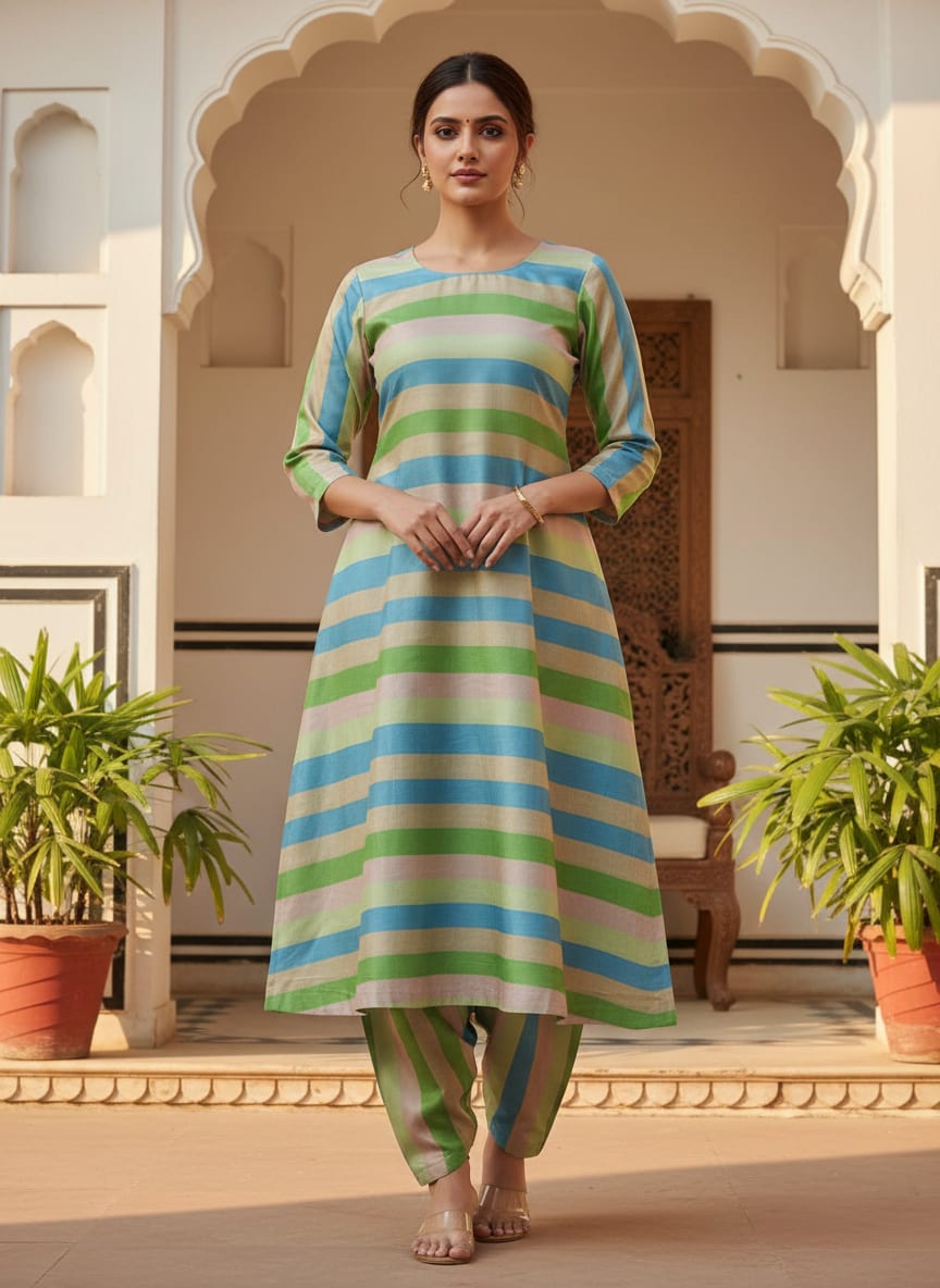 Classic Blue and Green Striped Tusser Silk Fabric for Kurtis