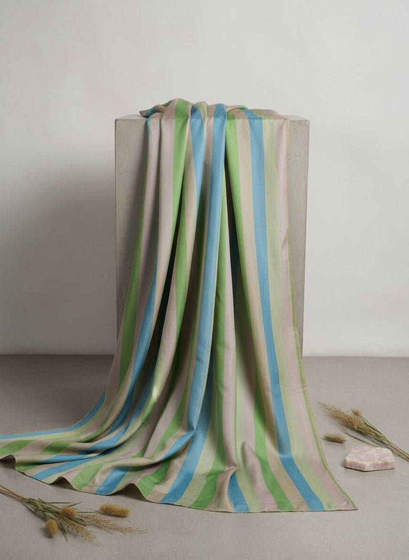 Classic Blue and Green Striped Tusser Silk Fabric for Kurtis