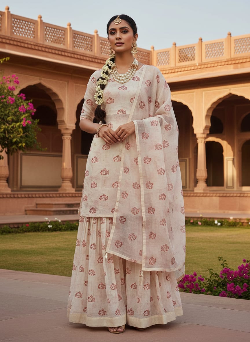 Quirky Red Fish Print on Off White Chanderi Fabric