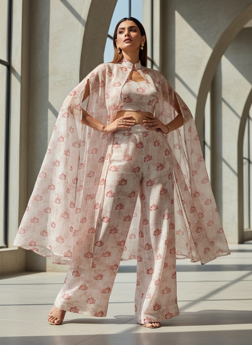 Quirky Red Fish Print on Off White Chanderi Fabric
