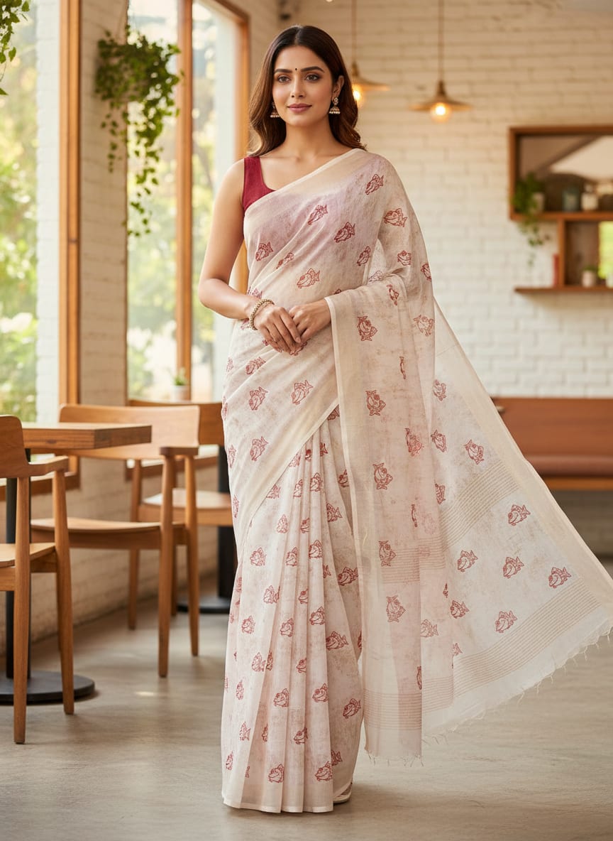 Quirky Red Fish Print on Off White Chanderi Fabric