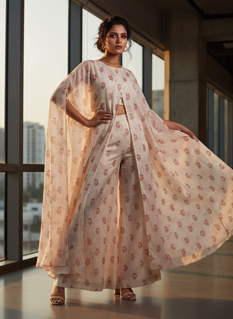 Quirky Red Fish Print on Off White Chanderi Fabric