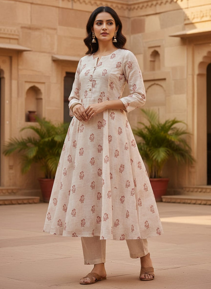 Quirky Red Fish Print on Off White Chanderi Fabric
