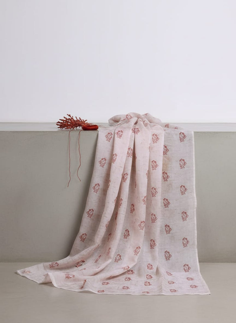 Quirky Red Fish Print on Off White Chanderi Fabric